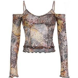 Emmiol Cold Shoulder Mesh Long Sleeve Crop Top